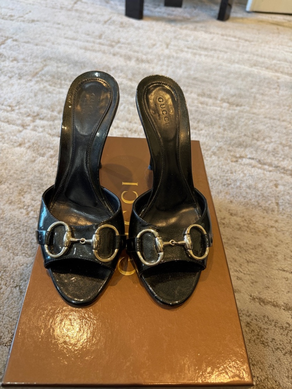 Gucci Black Patent Leather Mules with Gold Horsebit